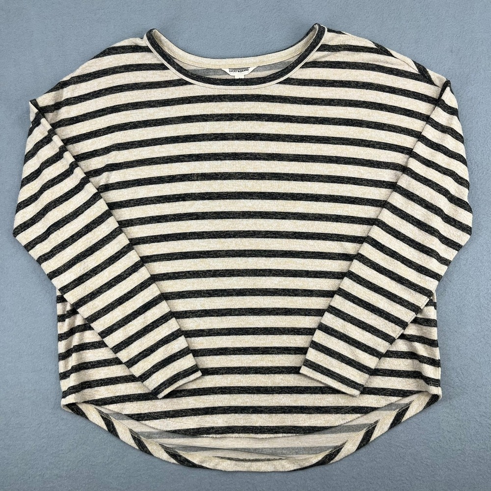 Lucky‎ Brand Womens Small Striped Long Sleeve Scoop Neck Top Cream Black Heather